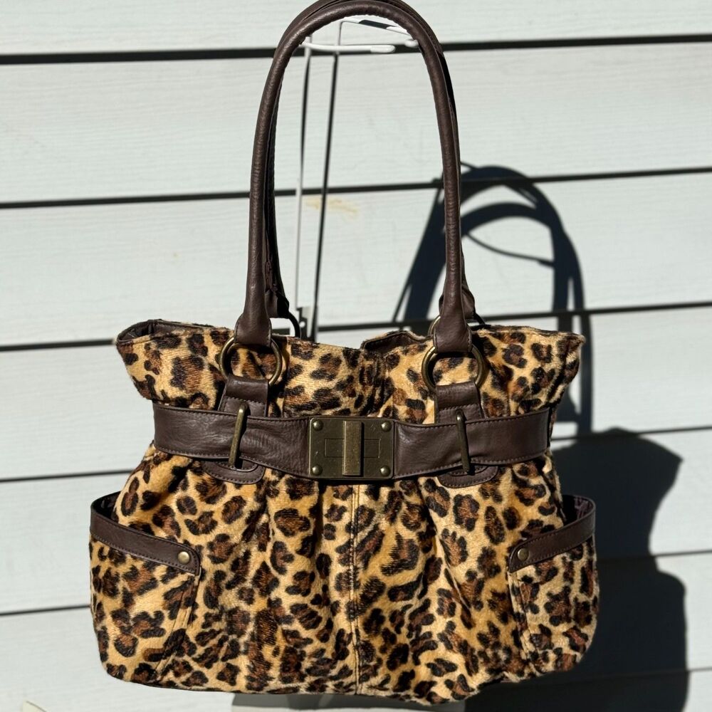 Y2K Leopard Faux Fur Belted Shoulder Bag Slouchy Multi-Pocket Purse